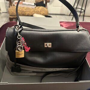 Structured Black Leather Satchel with Lock & Key Detail